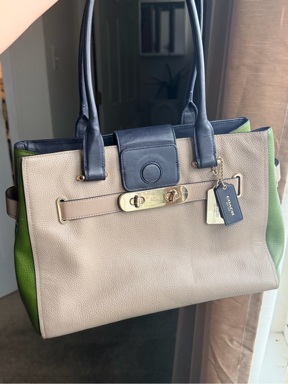 Coach Colorblock Leather Shoulder Bag in Beige, Navy & Green